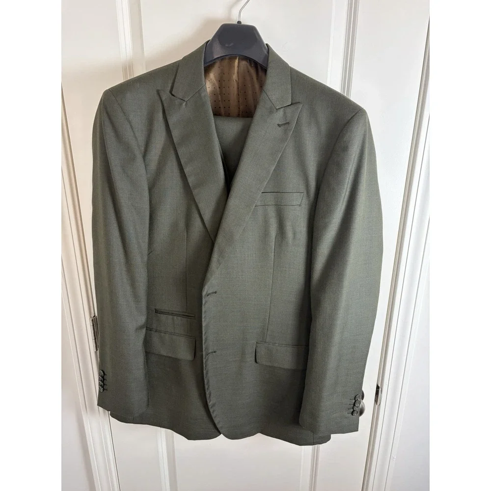 I DEAL Men's Vested Peak Lapel Green Suit Vested Size 46L/40L, 0905-3a Hunter